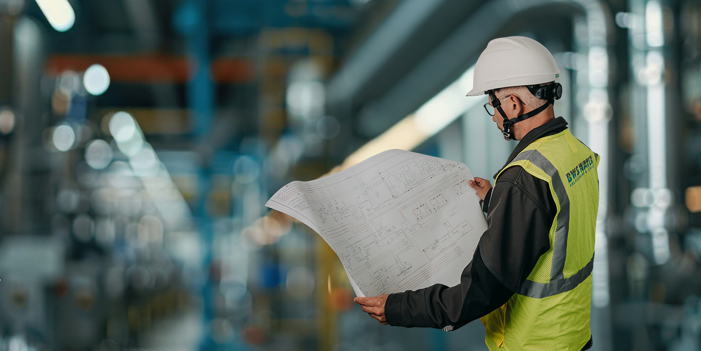 Mitarbeiter mit Plan vor Anlage