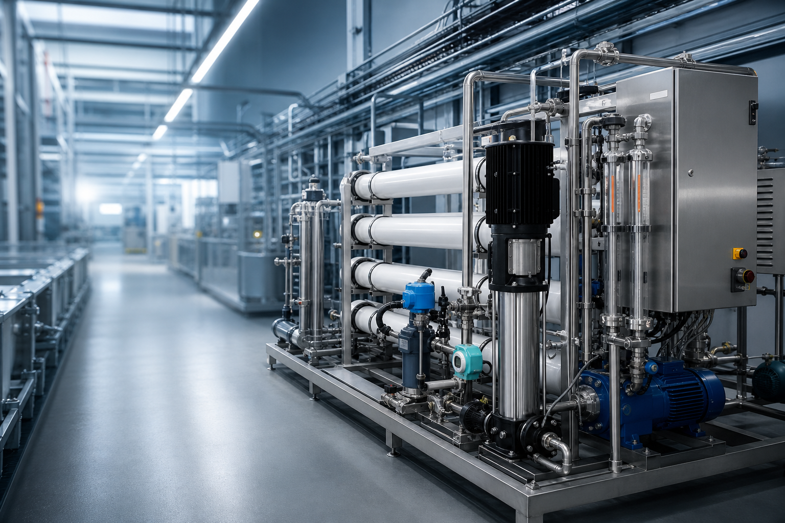Industrial processing equipment with stainless steel pipes, pumps, and a control panel in a clean manufacturing facility.