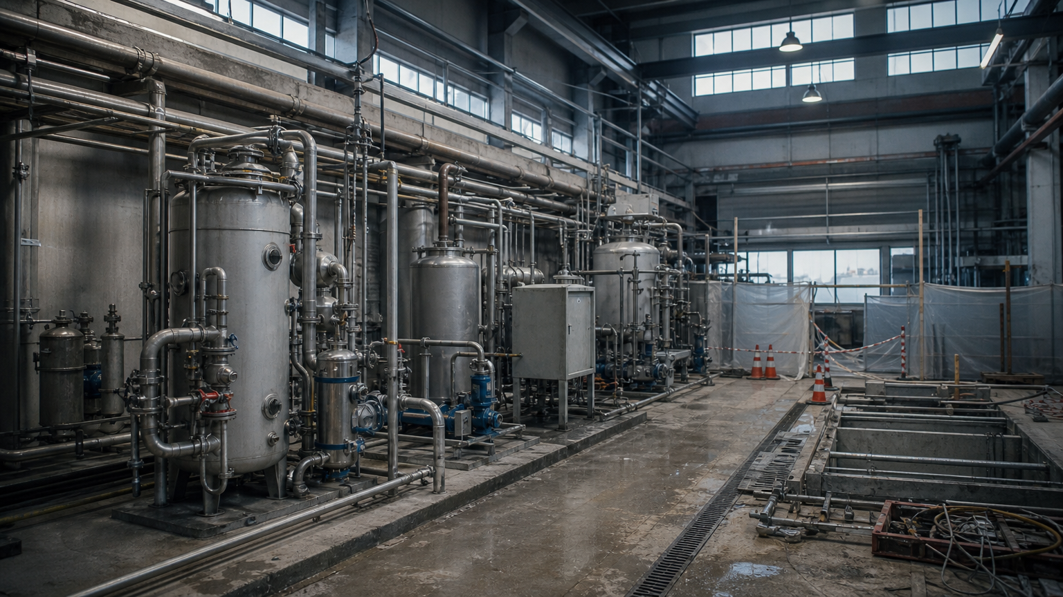 Industrial plant interior with large stainless steel tanks, pipes, and pumps along a concrete floor.