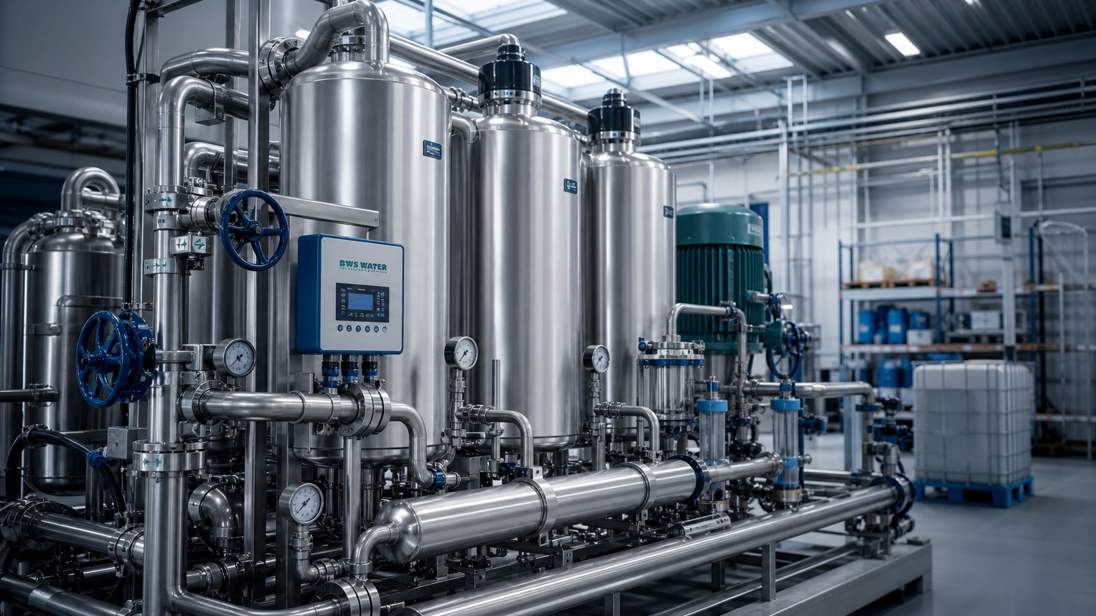 Industrial water treatment plant with stainless steel tanks, pipes, gauges, and a blue control panel labeled 'BWS Water'